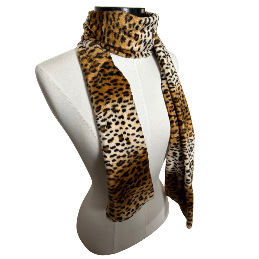 Y2K Leopard Print Scarf Brown Tan Plush Animal Print Bold Retro Glam‎ Statement